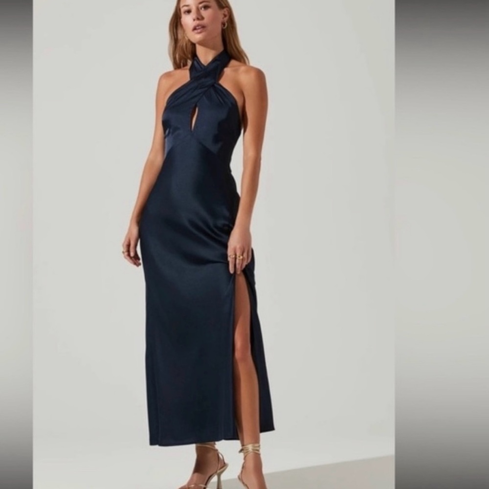 Astr Navy Backless Halter Dress